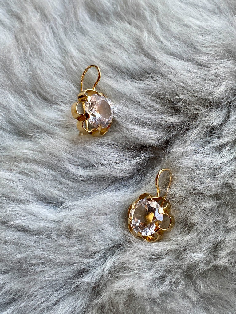 Special and sparkly!! - White topaz and 18k gold Modernist flower earrings - Vintage Scandinavian