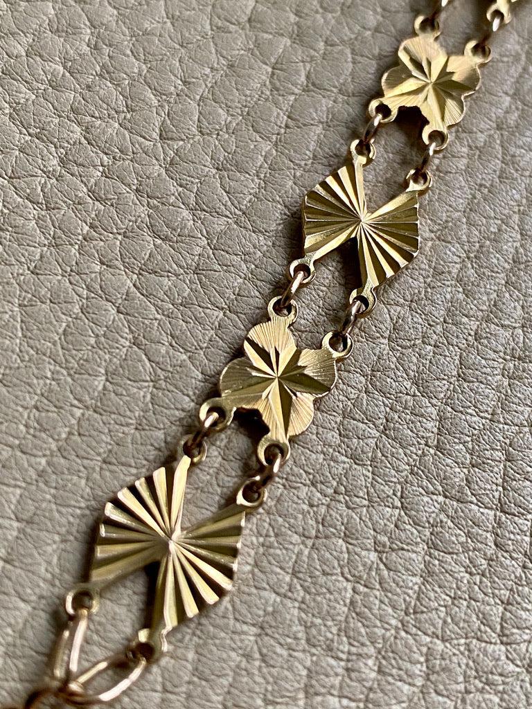 Midcentury Engine Turned 10k Gold Flowers and Fans Link Bracelet - 7.5 inch length