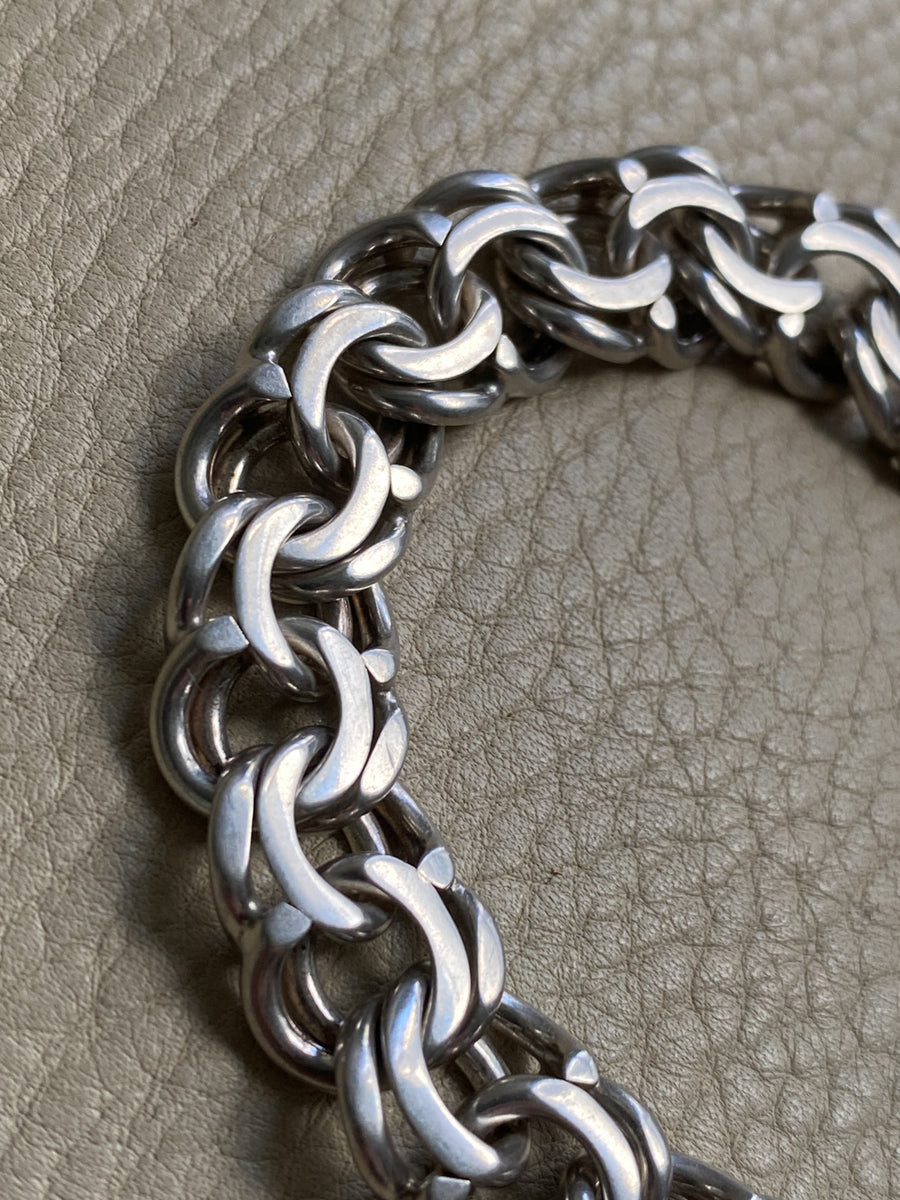 Chunky Sterling Silver Double Link Bracelet with Orb charm - 8 inch length