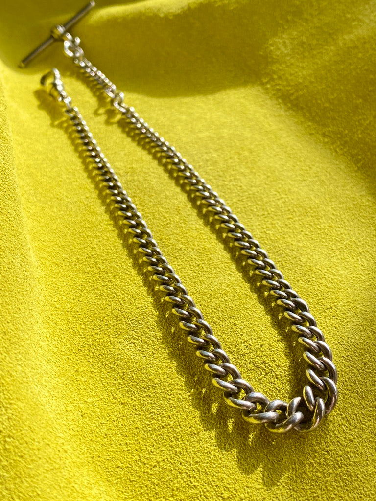 British Antique Sterling Silver Watch Chain with T-bar - choker necklace length -  15 inch overall length