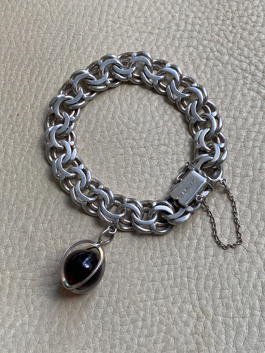 Chunky Sterling Silver Double Link Bracelet with Orb charm - 8 inch length