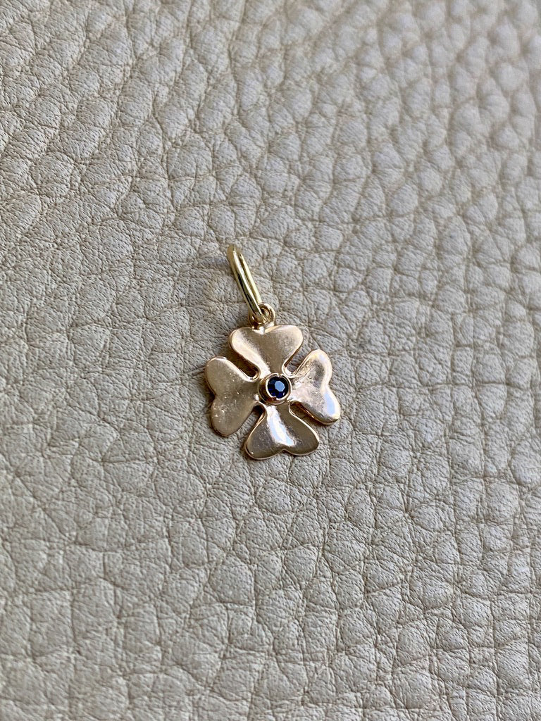 18k gold four-leaf clover with sapphire -  pendant or charm