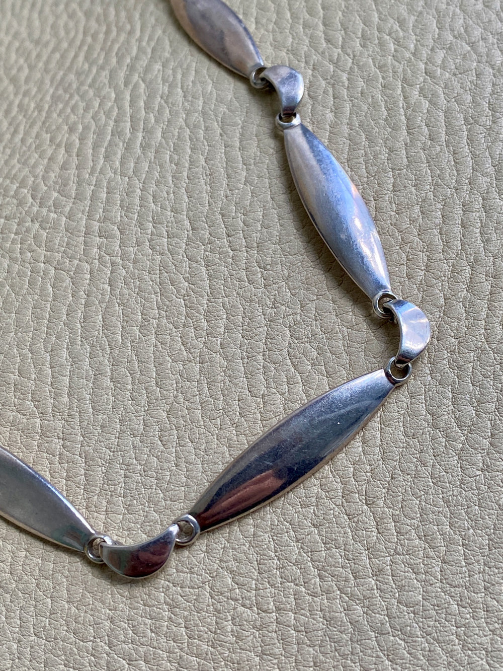 1950s Danish Modernist Almond and Crescent Moon Link Necklace in Sterling Silver by Arne Johansen- Adjustable length 15.6-17.5 inches