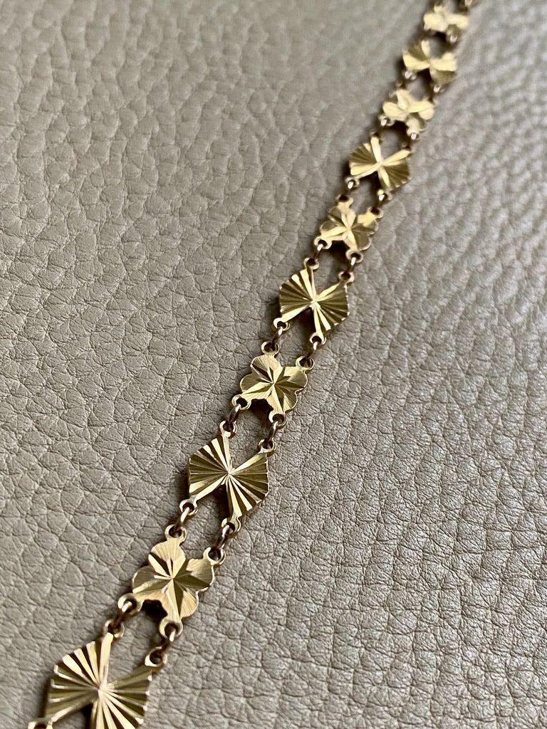 Midcentury Engine Turned 10k Gold Flowers and Fans Link Bracelet - 7.5 inch length