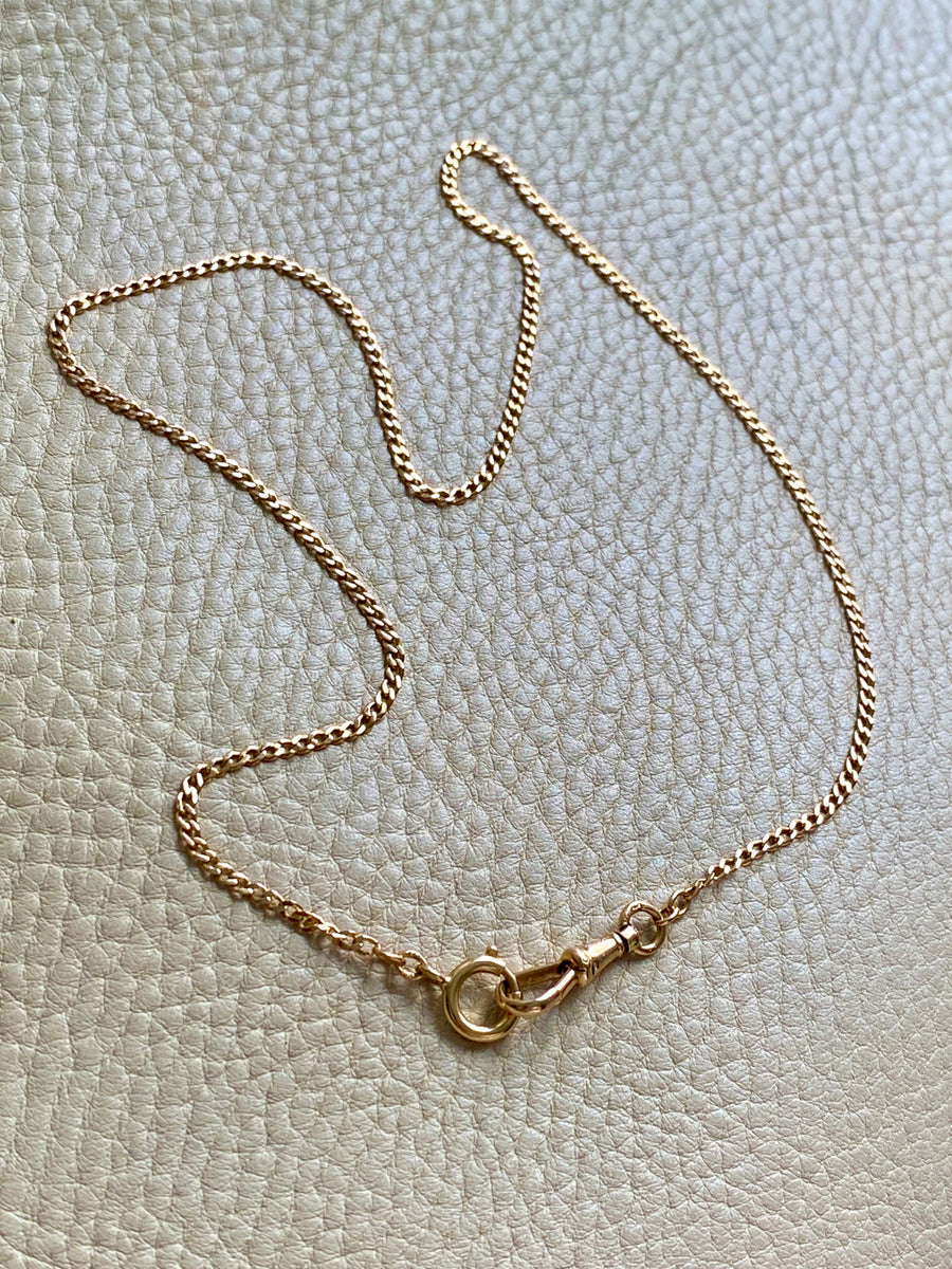 Antique Scandinavian 18k Gold Skinny Pressed Curb Link - Watch Chain Necklace with Swivel Dog Clip - 18.5 inch length