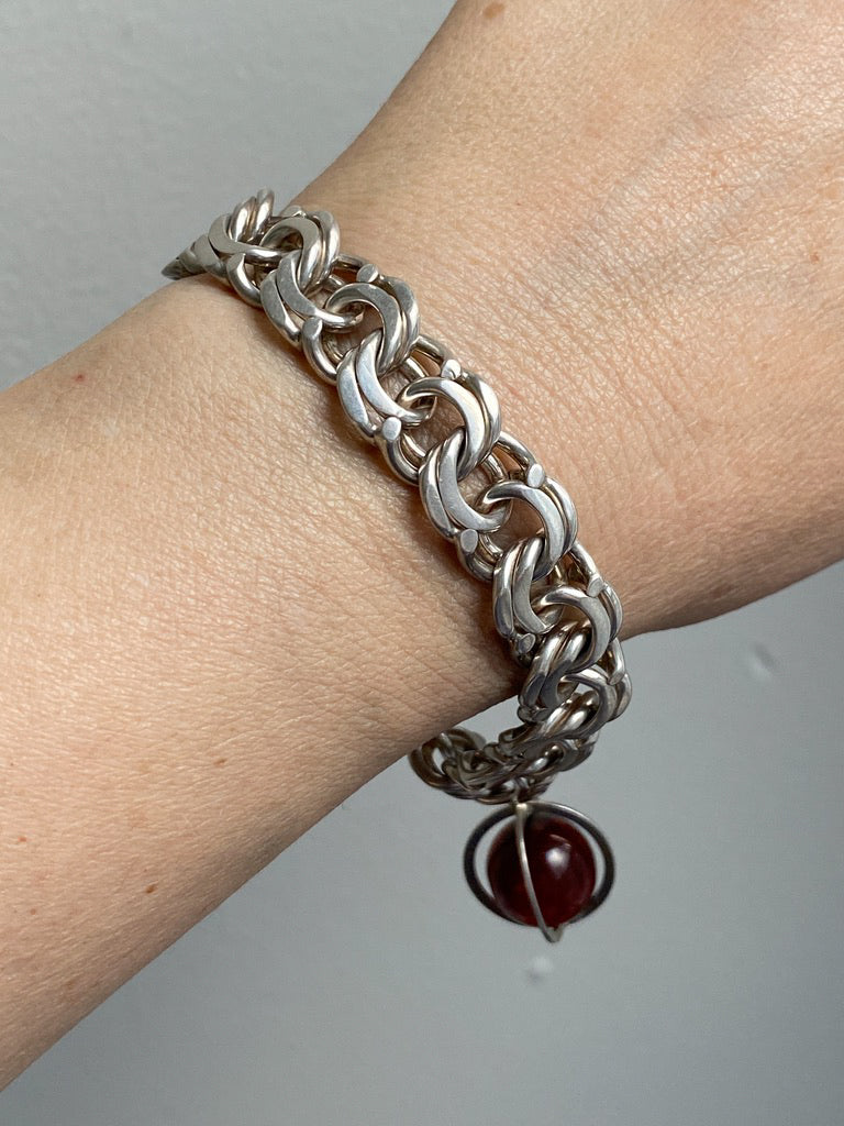 Chunky Sterling Silver Double Link Bracelet with Orb charm - 8 inch length