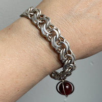 Chunky Sterling Silver Double Link Bracelet with Orb charm - 8 inch length