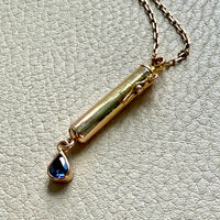 18k Gold Vintage Vessel Pendant with Blue Sapphire Droplet - Poison, Snuff, Secret Message compartment