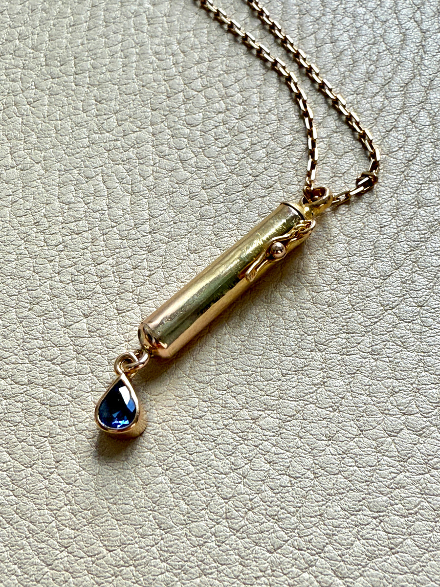 18k Gold Vintage Vessel Pendant with Blue Sapphire Droplet - Poison, Snuff, Secret Message compartment