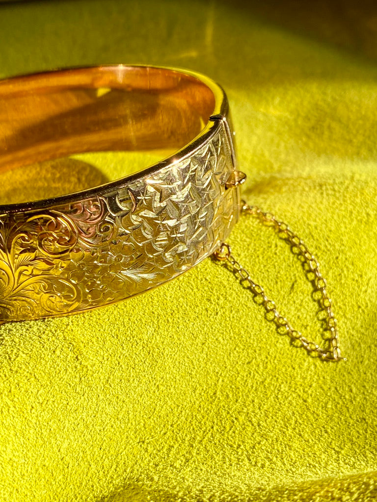 1863 Antique floral engraved wide hinged 9k bangle - Victorian era from Birmingham, England - size 6.8 inch