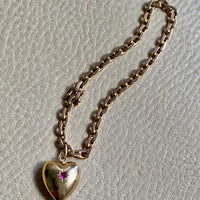 18k Gold Italian Vintage Biker Link Bracelet with 1964 Leap Day Heart set with Ruby - 7.25 inch length