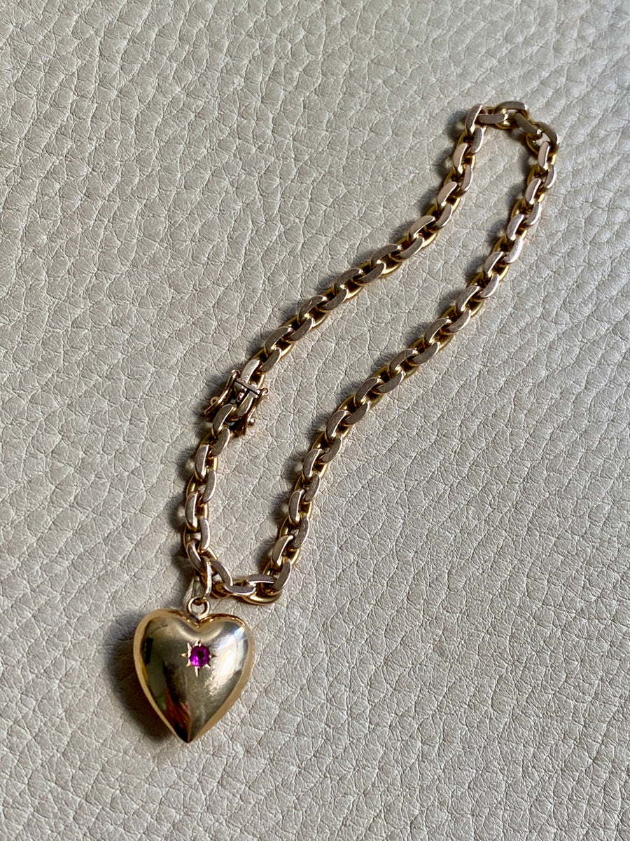 18k Gold Italian Vintage Biker Link Bracelet with 1964 Leap Day Heart set with Ruby - 7.25 inch length