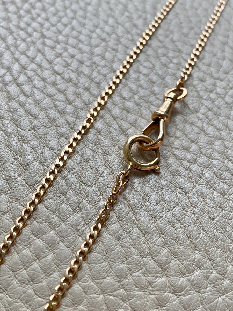 Antique Scandinavian 18k Gold Skinny Pressed Curb Link - Watch Chain Necklace with Swivel Dog Clip - 18.5 inch length