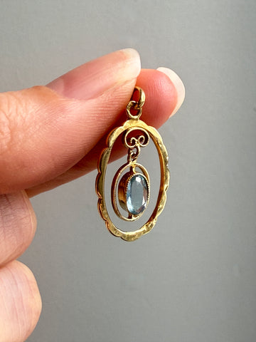 Victorian era Oval Pendant with Pale Blue Faceted Stone set in 18k Gold, Signed