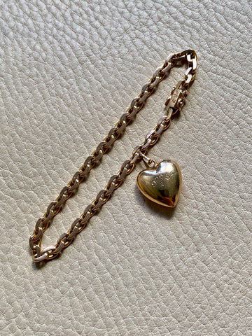 18k Gold Italian Vintage Biker Link Bracelet with 1964 Leap Day Heart set with Ruby - 7.25 inch length