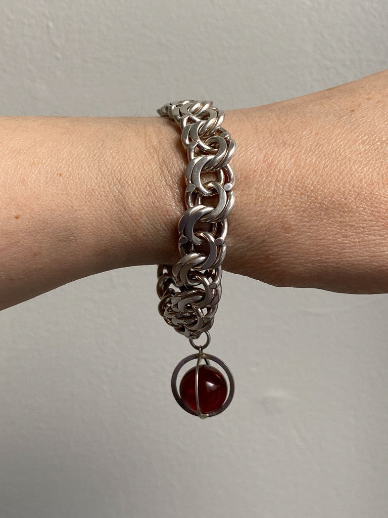 Chunky Sterling Silver Double Link Bracelet with Orb charm - 8 inch length