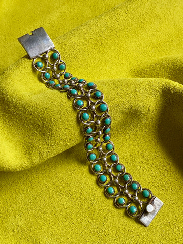 1940s Era Sterling Silver Handmade Link Chain Bracelet with 2 Rows of Turquoise Cabochons- 7.2 inch length