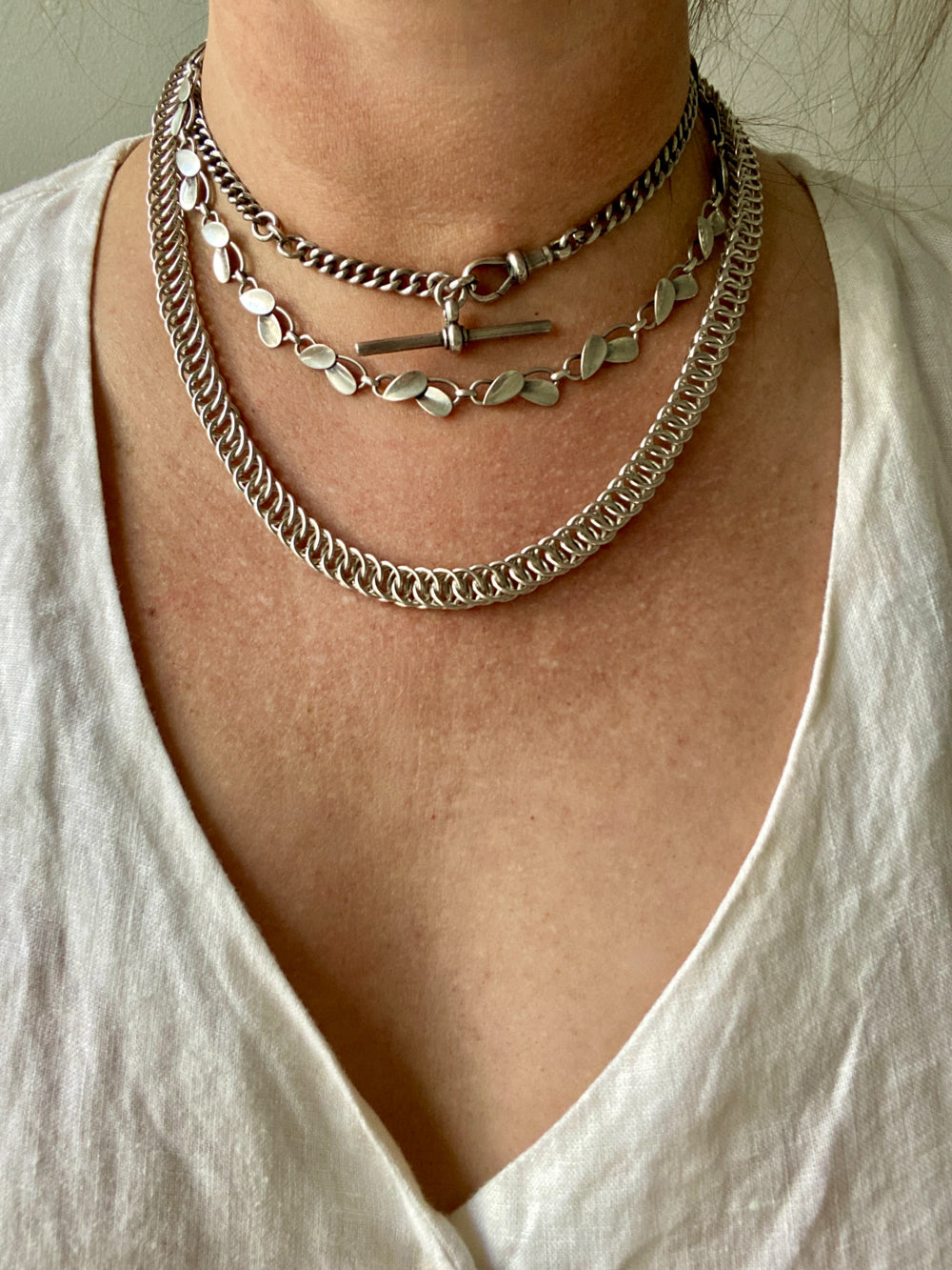 British Antique Sterling Silver Watch Chain with T-bar - choker necklace length -  15 inch overall length