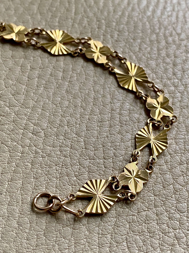 Midcentury Engine Turned 10k Gold Flowers and Fans Link Bracelet - 7.5 inch length