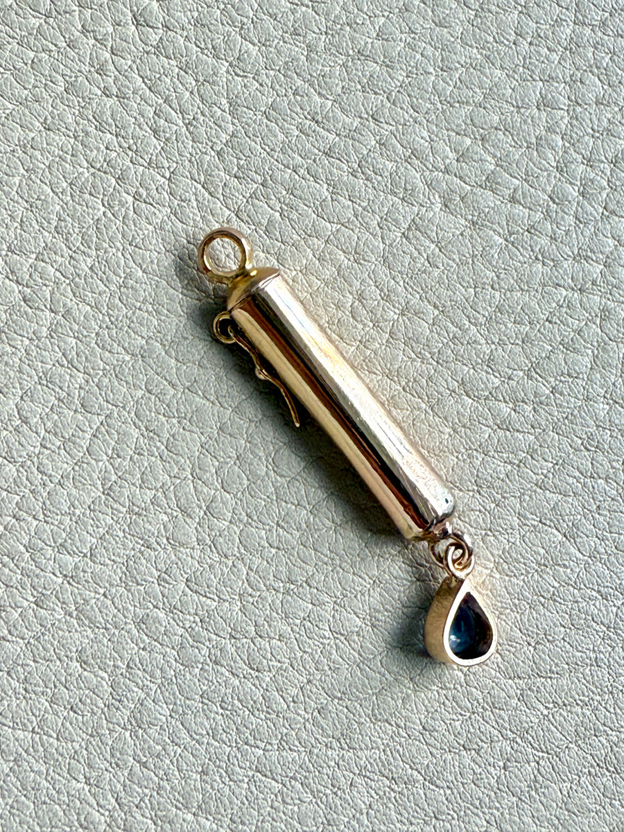 18k Gold Vintage Vessel Pendant with Blue Sapphire Droplet - Poison, Snuff, Secret Message compartment