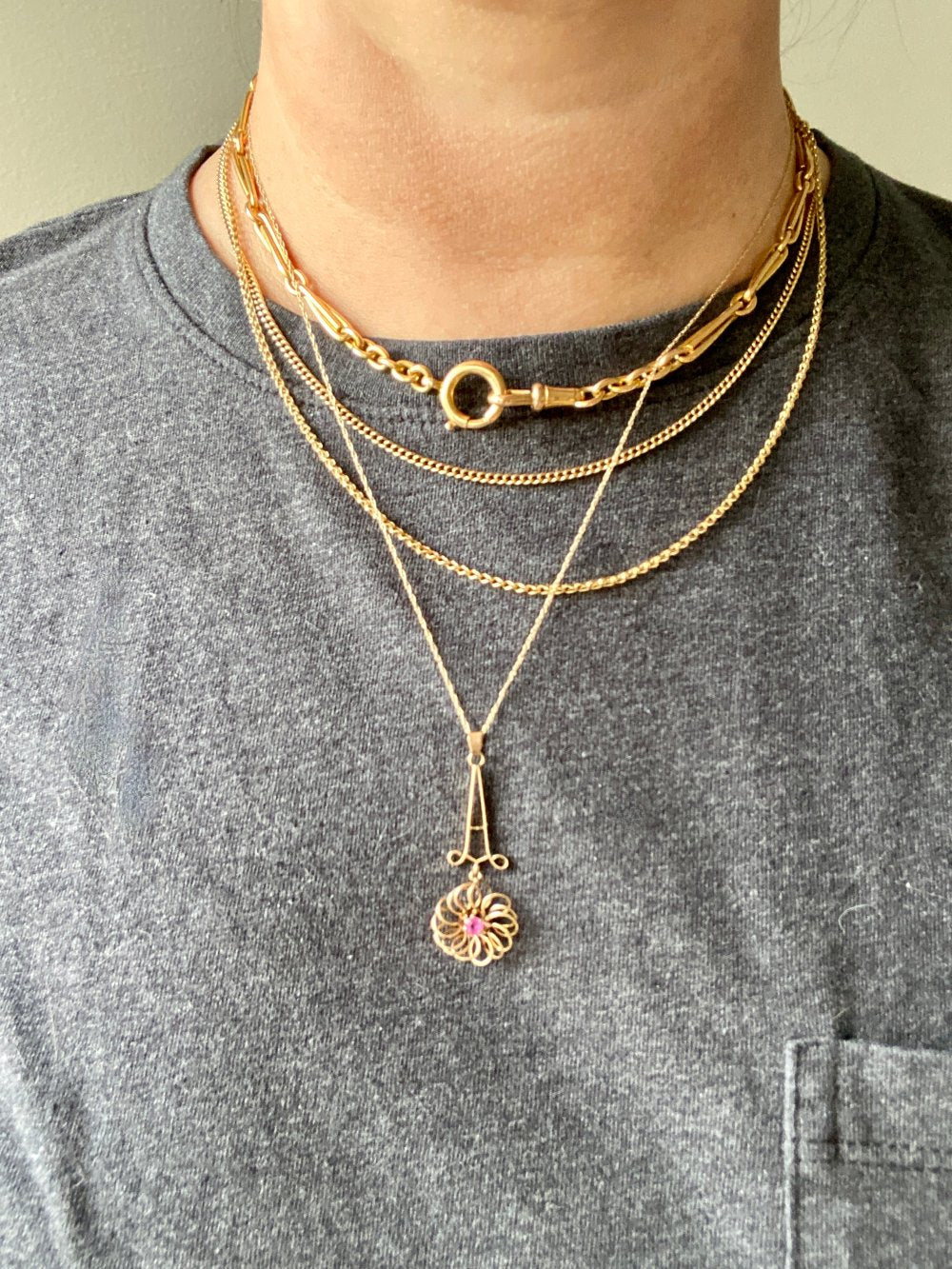 Antique 14k Gold Flower Pendant Necklace with Ruby vintage charm or pendant - 18.25 inch length