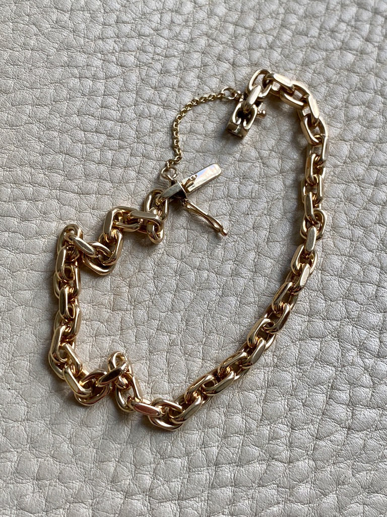 Early 1900s Era Biker Link Bracelet in 14k Gold by Bernhard Hertz - 7.5 inch length