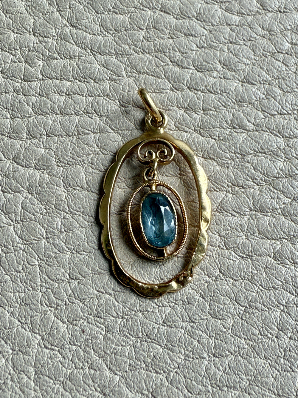 Victorian era Oval Pendant with Pale Blue Faceted Stone set in 18k Gold, Signed