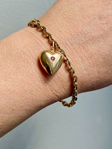 18k Gold Italian Vintage Biker Link Bracelet with 1964 Leap Day Heart set with Ruby - 7.25 inch length