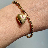 18k Gold Italian Vintage Biker Link Bracelet with 1964 Leap Day Heart set with Ruby - 7.25 inch length