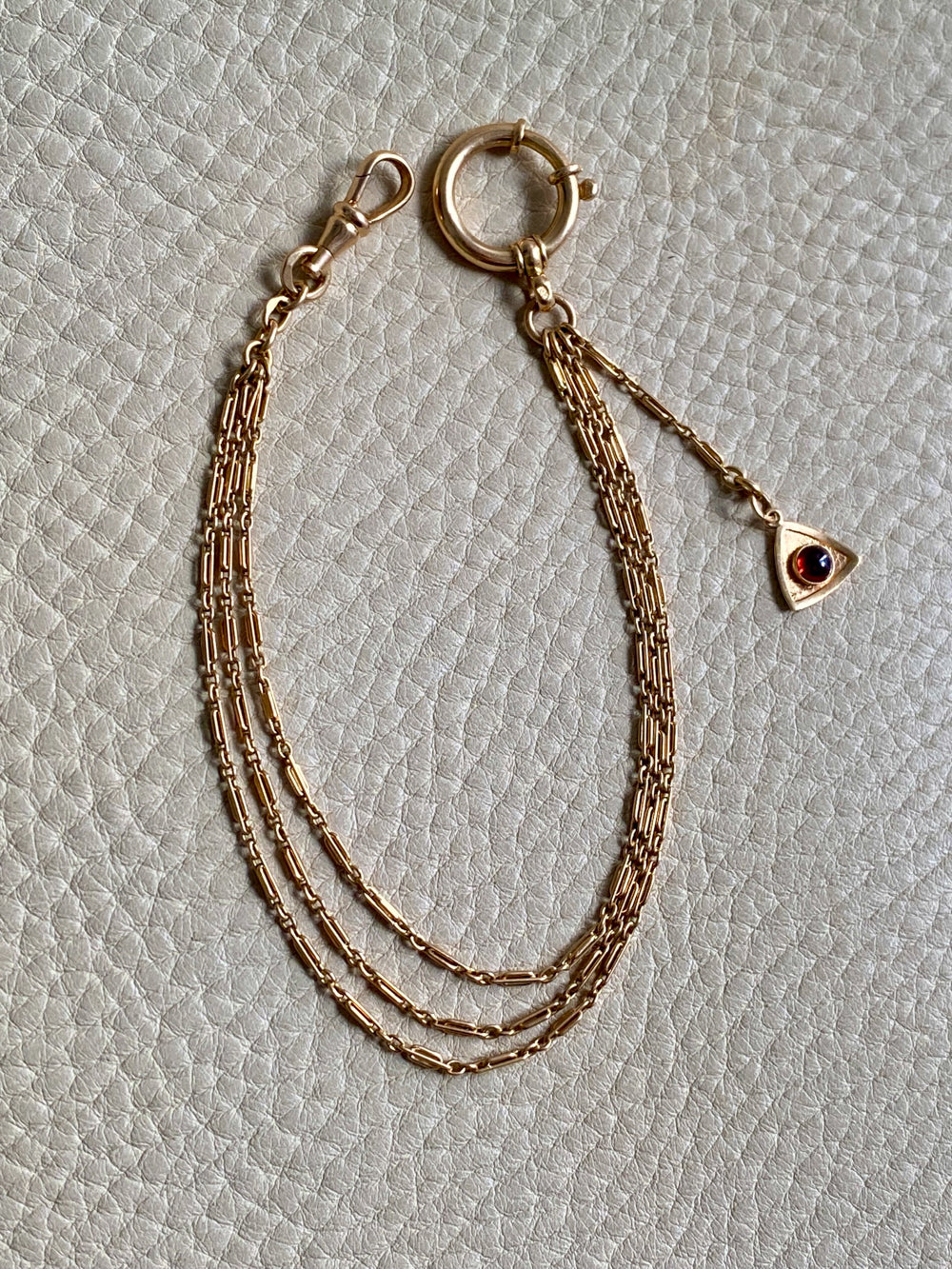 18k Gold Triple Strand Bracelet or Necklace extender with Triangle Charm and Large Bolt Clasp- 8 inch length