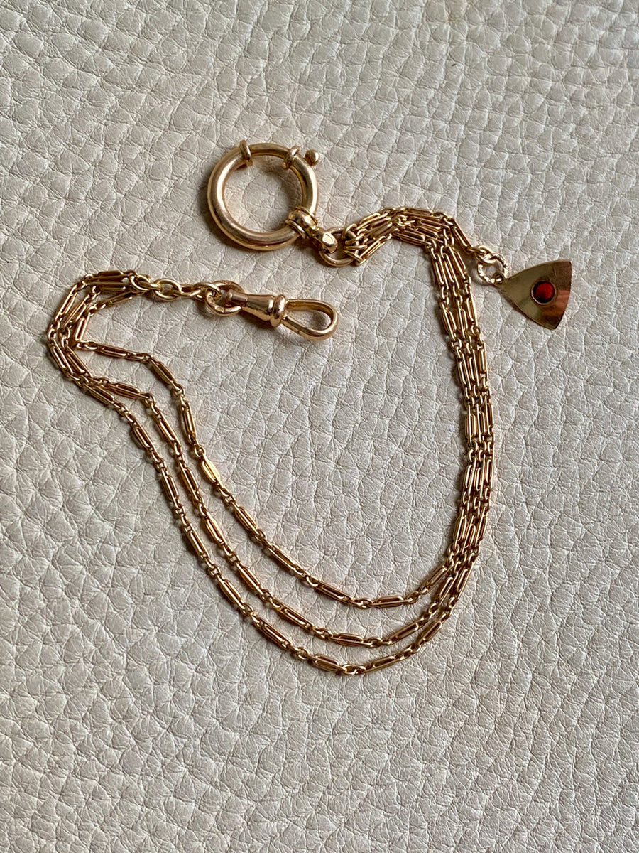 18k Gold Triple Strand Bracelet or Necklace extender with Triangle Charm and Large Bolt Clasp- 8 inch length