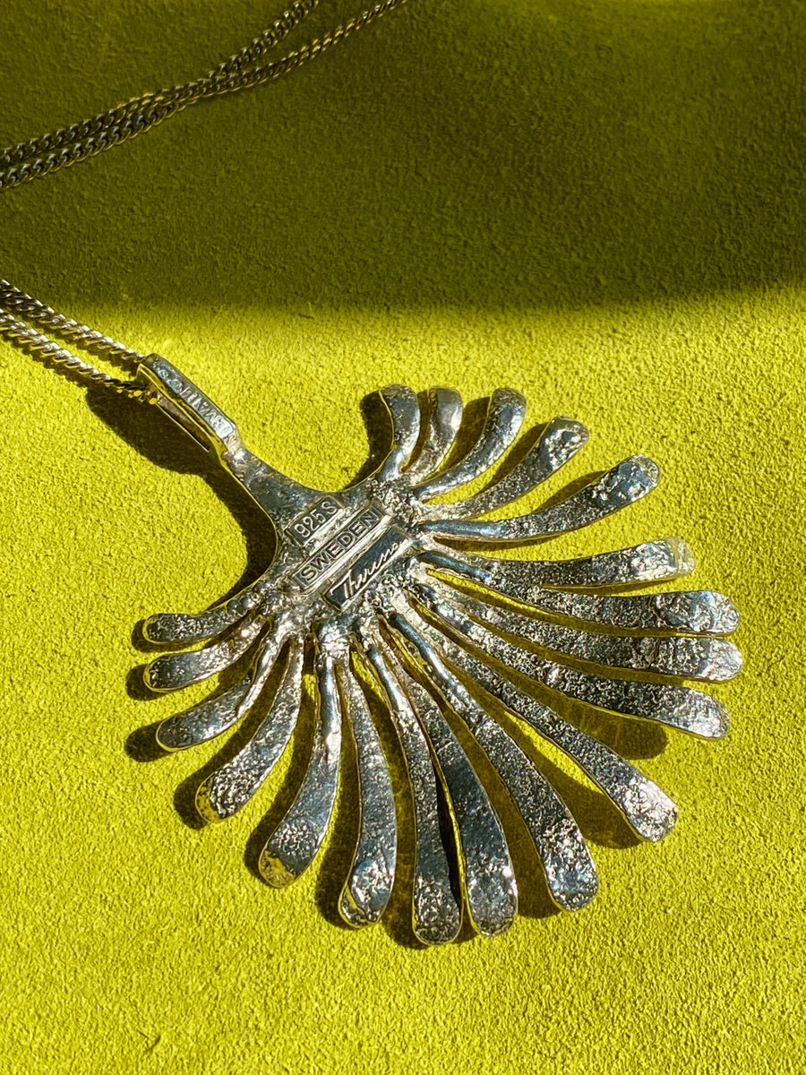 Vintage Sterling Silver Palm Pendant Necklace by Theresia Hvorslev - 1960s-70s era