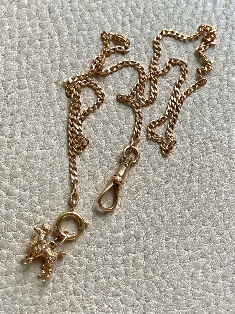 Antique Scandinavian 18k Gold Skinny Pressed Curb Link - Watch Chain Necklace with Swivel Dog Clip - 18.5 inch length