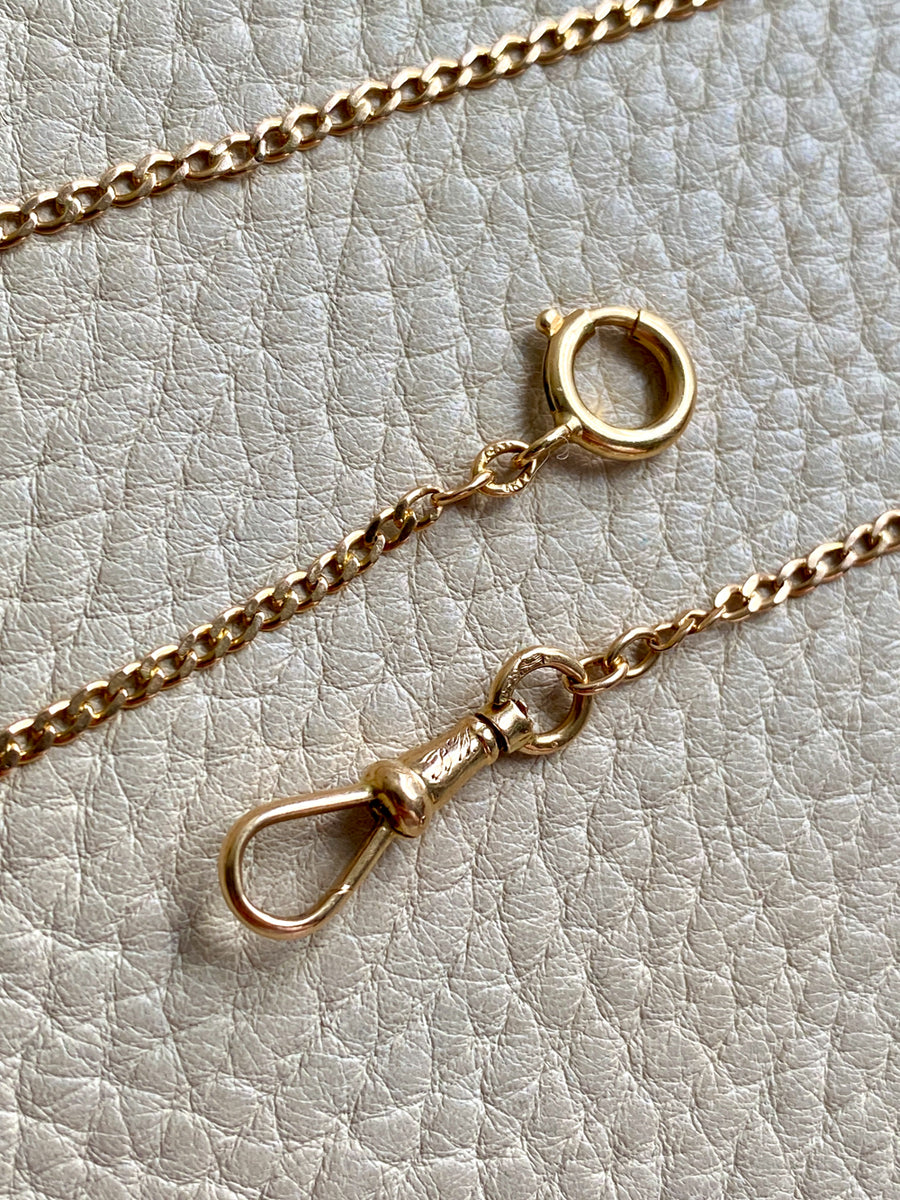 Antique Scandinavian 18k Gold Skinny Pressed Curb Link - Watch Chain Necklace with Swivel Dog Clip - 18.5 inch length