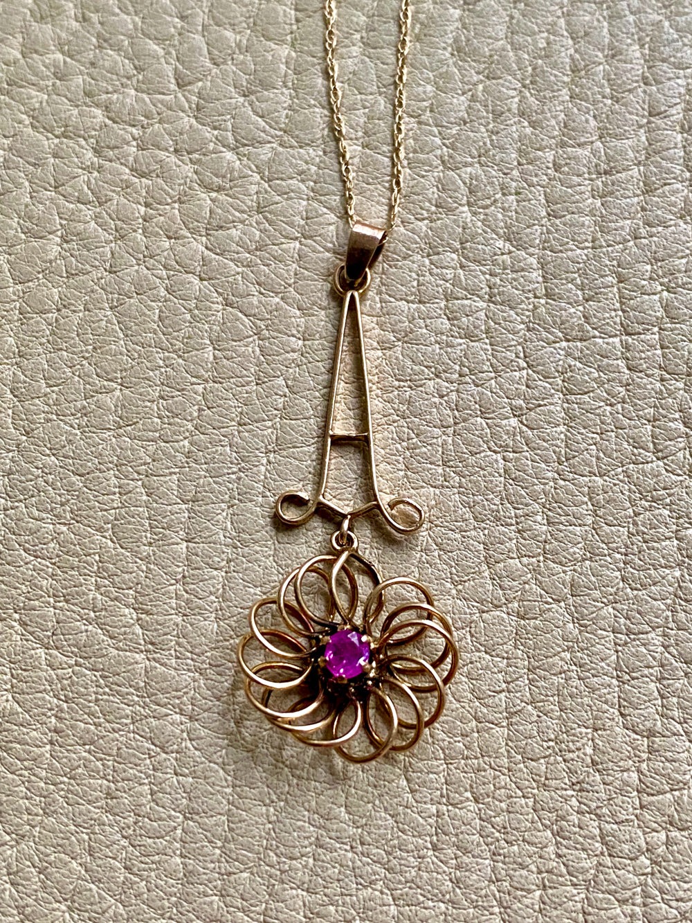 Antique 14k Gold Flower Pendant Necklace with Ruby vintage charm or pendant - 18.25 inch length