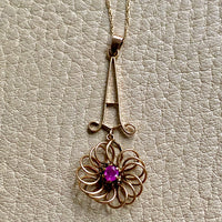 Antique 14k Gold Flower Pendant Necklace with Ruby vintage charm or pendant - 18.25 inch length