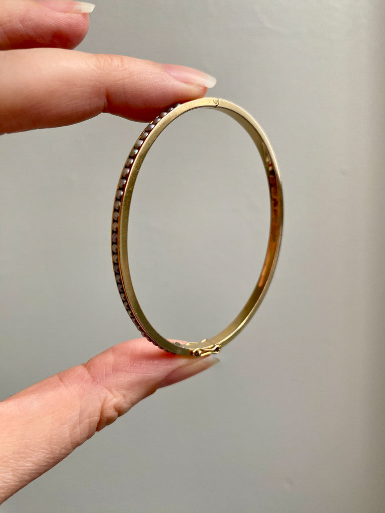 1958 Modernist Swedish 18k Gold Hinged Bangle with Pearls - by Stigbert - 7 inch interior circumference