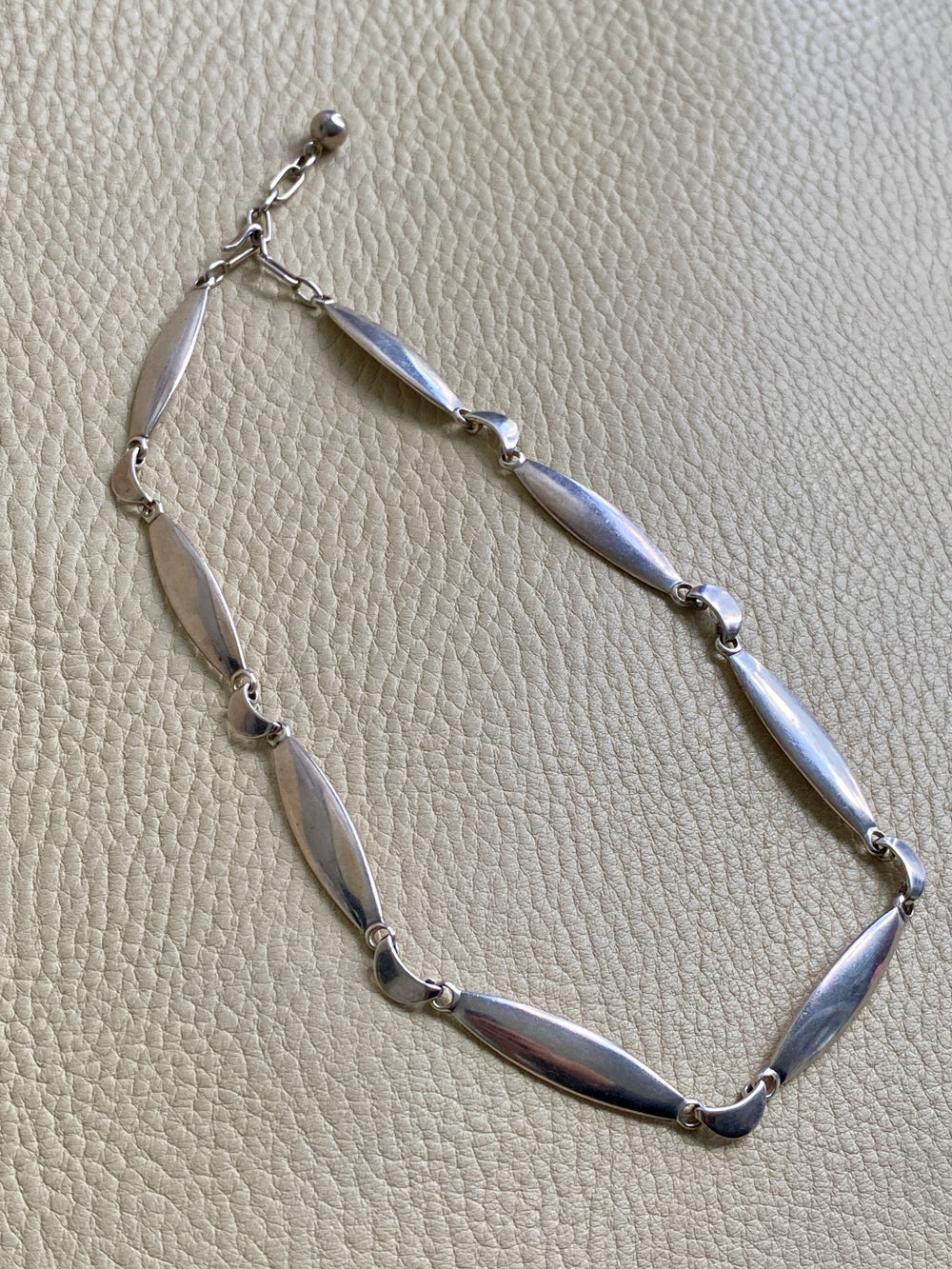 1950s Danish Modernist Almond and Crescent Moon Link Necklace in Sterling Silver by Arne Johansen- Adjustable length 15.6-17.5 inches