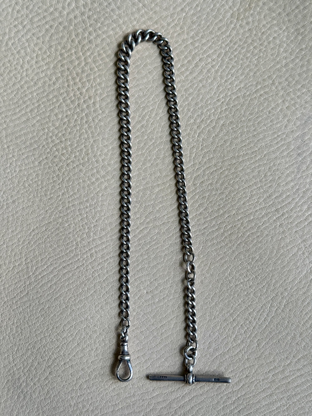 British Antique Sterling Silver Watch Chain with T-bar - choker necklace length -  15 inch overall length