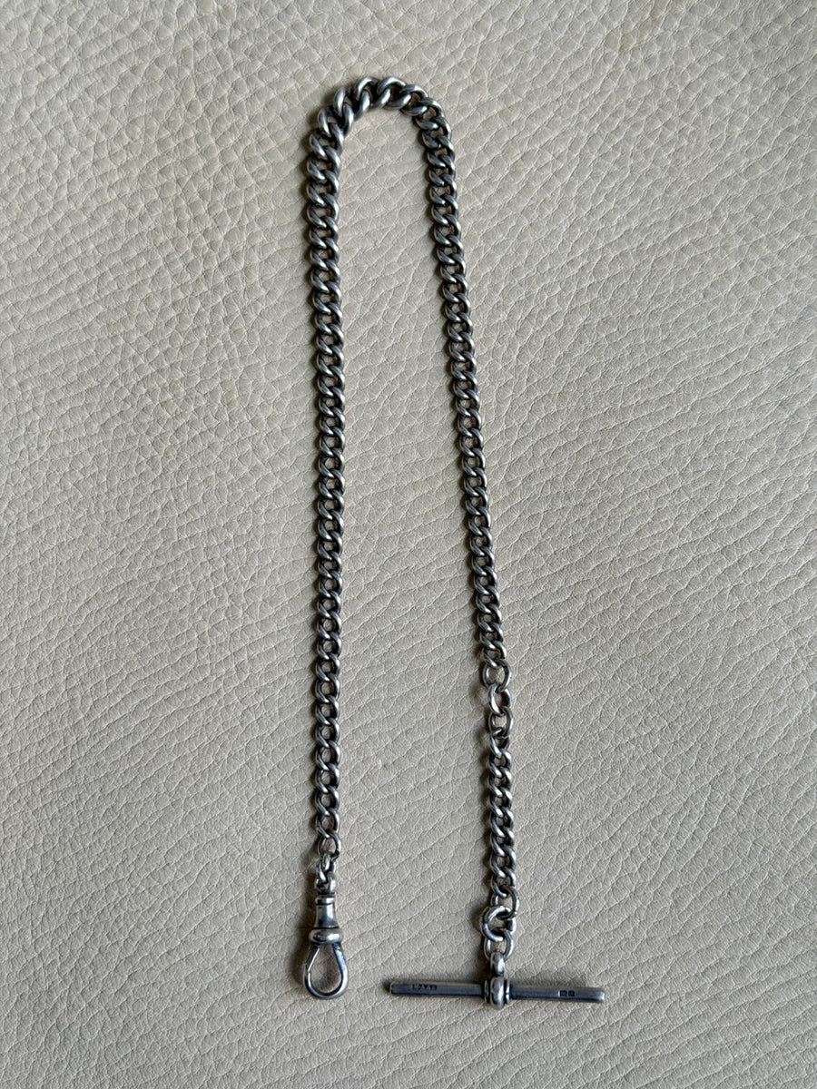 British Antique Sterling Silver Watch Chain with T-bar - choker necklace length -  15 inch overall length