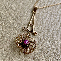 Antique 14k Gold Flower Pendant Necklace with Ruby vintage charm or pendant - 18.25 inch length