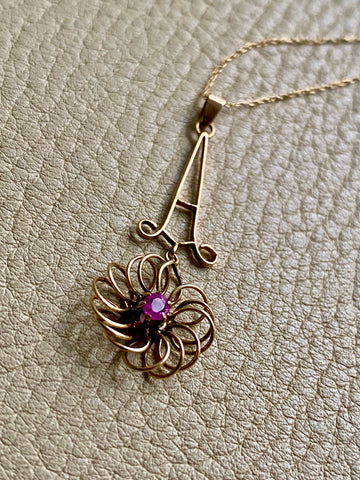 Antique 14k Gold Flower Pendant Necklace with Ruby vintage charm or pendant - 18.25 inch length