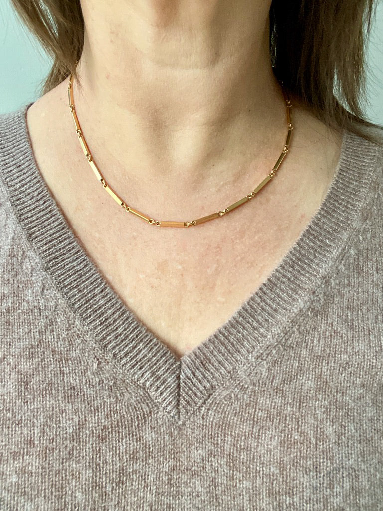 Modernist 18k solid gold bar link chain necklace - Made in 1961 - 17.5 inch length