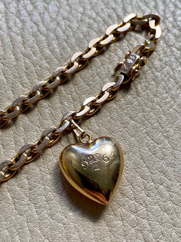 18k Gold Italian Vintage Biker Link Bracelet with 1964 Leap Day Heart set with Ruby - 7.25 inch length