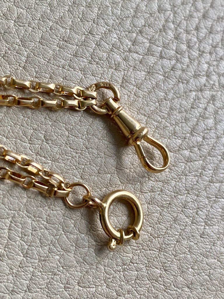 Antique 18k gold Double Strand Skinny Elongated Chain - Longuard Chain with Swivel Dog Clip - 20.25 inch length