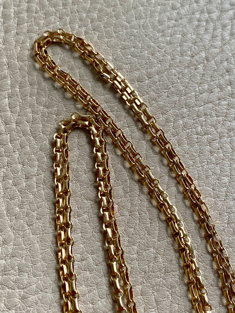 Antique 18k gold Double Strand Skinny Elongated Chain - Longuard Chain with Swivel Dog Clip - 20.25 inch length