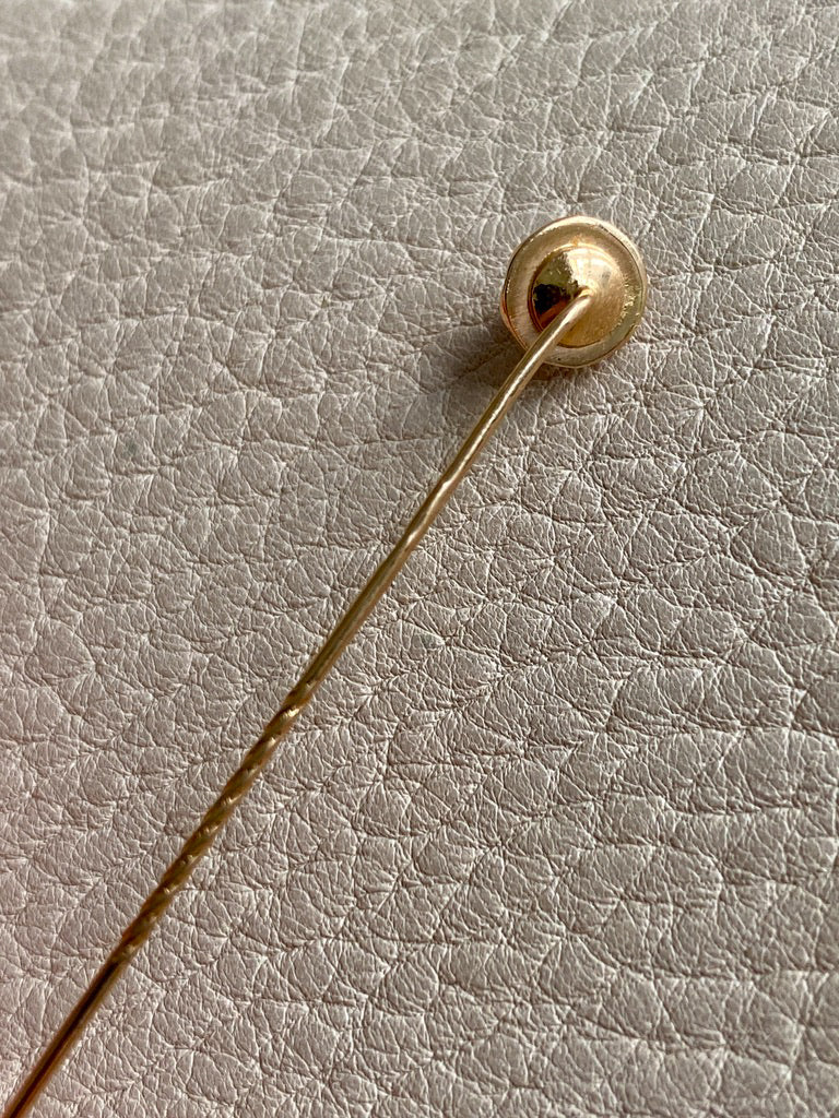 1966 Crenelated 18k Gold and Pearl Hat Pin Brooch with original leather box