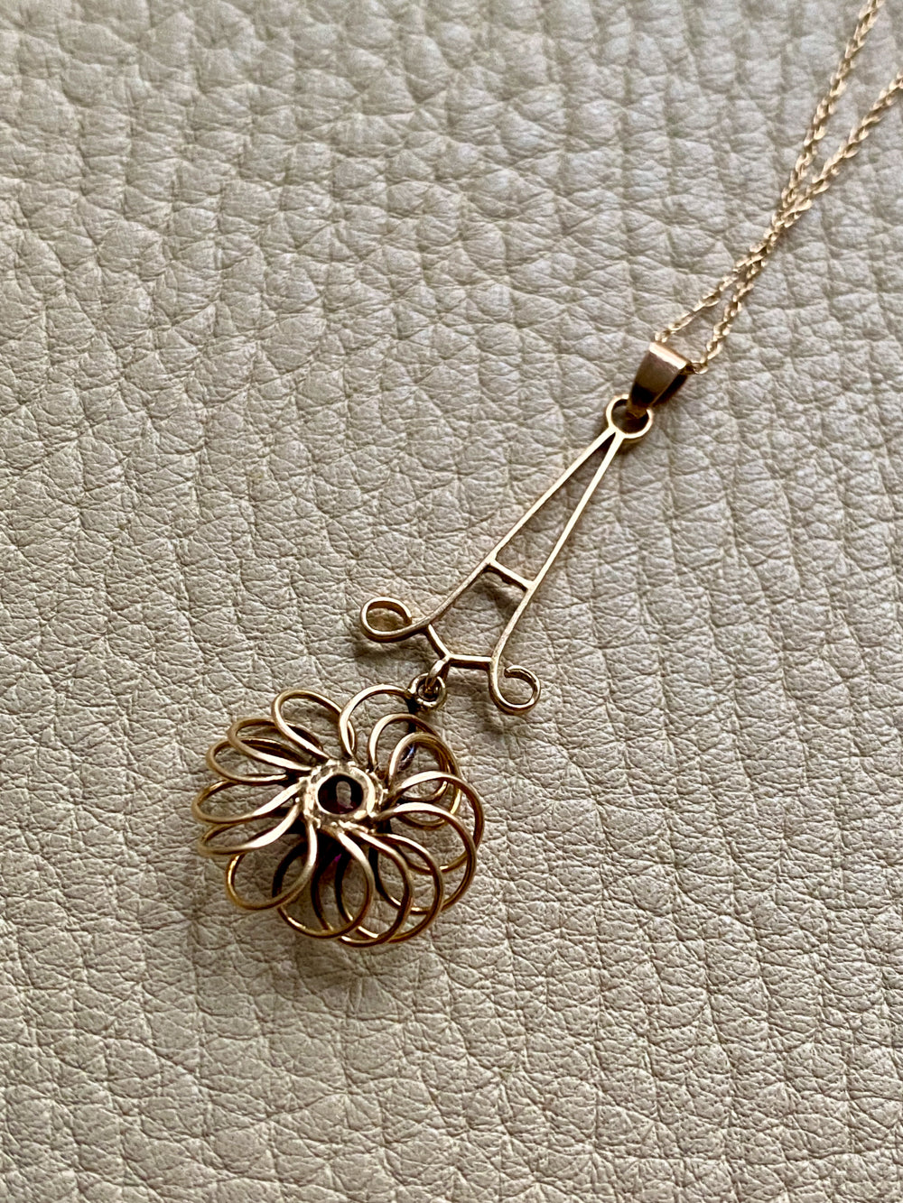 Antique 14k Gold Flower Pendant Necklace with Ruby vintage charm or pendant - 18.25 inch length