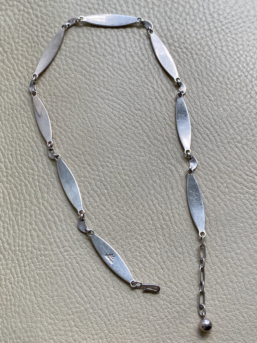 1950s Danish Modernist Almond and Crescent Moon Link Necklace in Sterling Silver by Arne Johansen- Adjustable length 15.6-17.5 inches