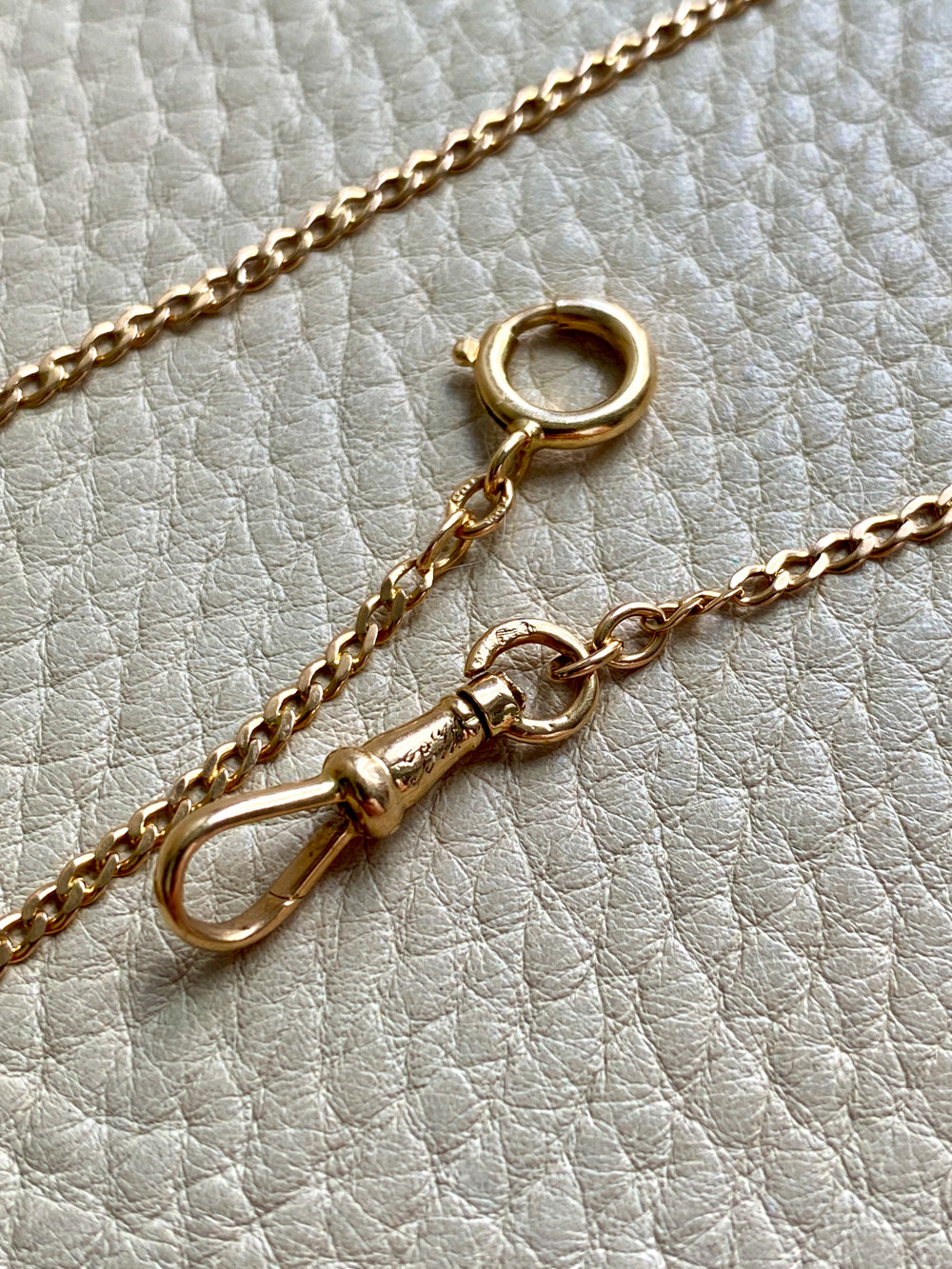 Antique Scandinavian 18k Gold Skinny Pressed Curb Link - Watch Chain Necklace with Swivel Dog Clip - 18.5 inch length